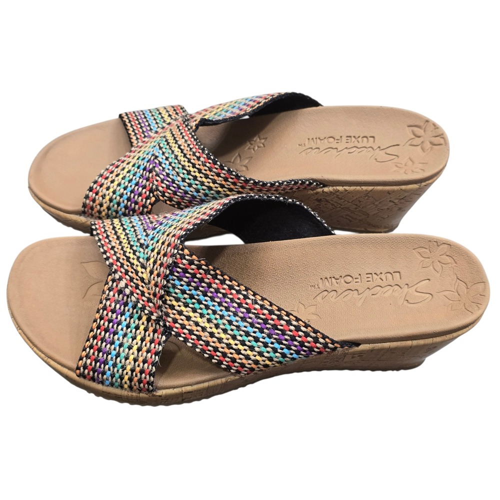 Skechers Luxe Foam Womens 9 Wedge Slide Sandals Multicolor Boho Comfort Coastal - Picture 3 of 7